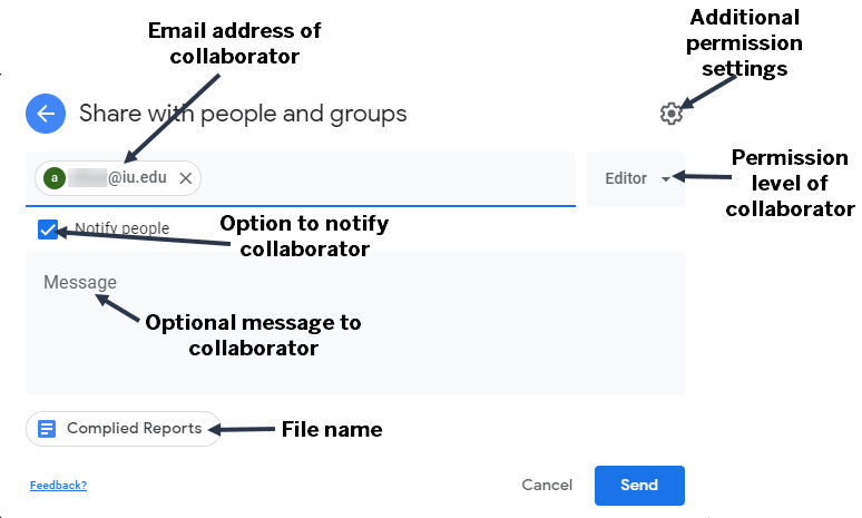 Share with people dialog box. Labeled features are described in the text below.