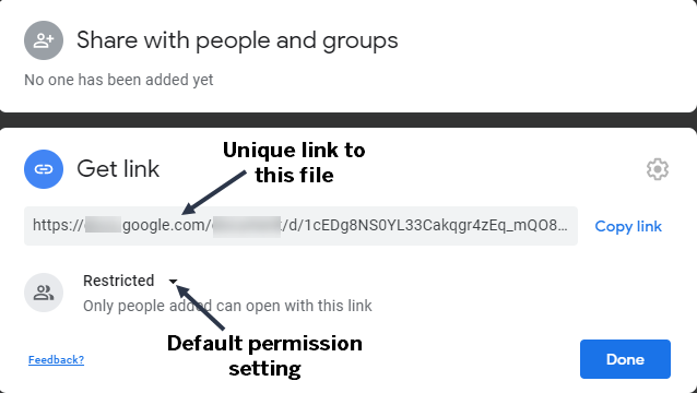 Share with people and groups dialog box. The bottom of the dialog box has expanded to show the Get link options. These will be described in the text below.
