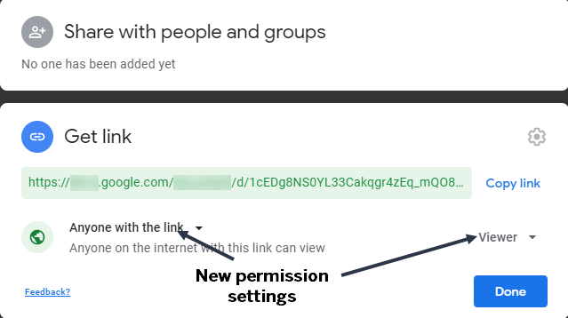 Share with people and groups dialog box. Features are described in the text below.