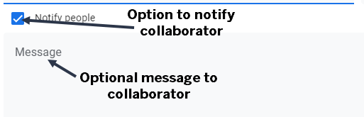 Share with people dialog box with the notify and message areas highlighted