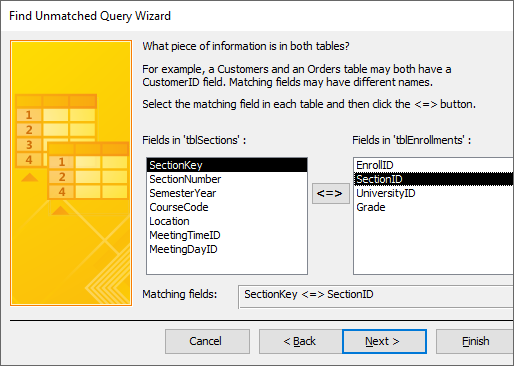 Step of wizard asking What piece of information is in both tables. In the Fields in 'tblSection' column the SectionKey is selected. In the Fields in 'tblEnrollments' the SectionID is selected. THe matching fields box shows Section Key <=> SectionID.