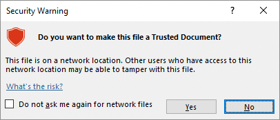 Security Warning dialog asking do you want to make this file a Trusted Document?