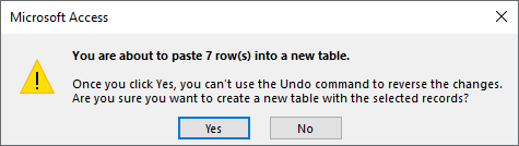 The dialog box states: “You are about to paste 7 row(s) into a new table. Once you click Yes, you can't use the Undo command to reverse the changes. Are you sure you want to create a new table with the selected records?”