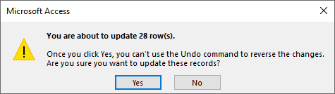 alert box telling you that you are about to update 28 rows.