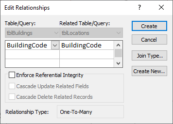 The Table/Query column is set to BuildingCode from tblBuildings. The Related Table/Query column is set to BuildingCode from tblLocations.