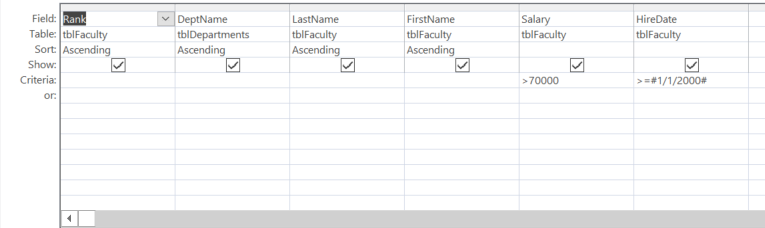 The grid shows the following fields: Rank, DeptName, LastName, FirstName, Salary, and HireDate. The Rank, DeptName, LastName and FirstName are in sorted in ascending order. The criteria for Salary is >7000. The criteria for HireDate is >=#1/1/2000#.
