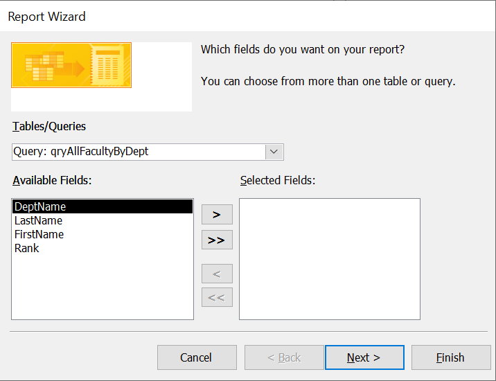 Dialog Box for Report Wizard