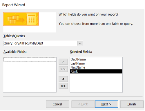 Report Wizard, with four fields in the Selected Fields area at the bottom: DeptName, LastName, FirstName, and Rank.