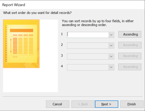 Third screen of the Report Wizard, which asks 'What sort order do you want for the detail records? You can sort records by up to four fields, in either ascending or descending roder.' Underneath the text are four drop-down menus.