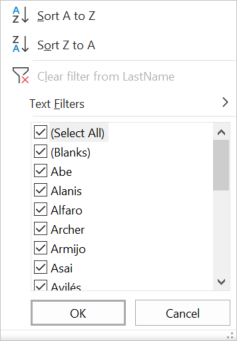 Drop-down menu with options to sort alphabetically, or filter results by names.