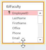 The tblFaculty window from the Show Tables dialog box, with the cursor positioned at the lower border and in the shape of an up-and-down facing thin black arrow.
