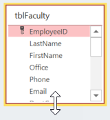 The tblFaculty window from the Show Tables dialog box, with the cursor positioned at the lower border and in the shape of an up-and-down facing white arrow.