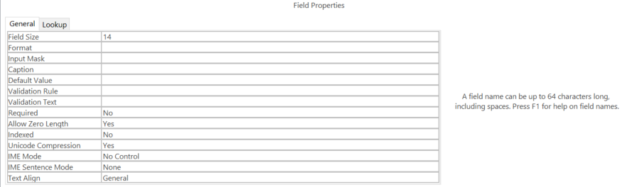 Field Properties area, with the General tab selected. A list of field properties shows on the left side, including Field Size (set to 14), Format, Input Mask, Caption, Default Value, Validation Rule, Validation Text, Required (set to No), Allow Zero Length (set to Yes), Indexed (set to No), Unicode Compression (set to Yes), I.M.E. Mode (set to No Control), I.M.E. Sentence Mode (set to None), and Text Align (set to General).