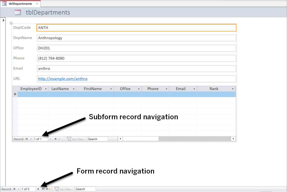 Form, with a tab and a label that both read 'tblFaculty'. A black arrow labeled 'Subform Navigation' is pointing to the bottom of the subform. Another black arrow labeled 'Form Record Navigation' is pointing to the bottom of the form.