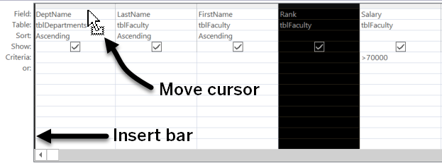 Query design grid, with four columns: DeptName, LastName, FirstName, and Rank. The Rank column is selected. The mouse cursor, labeled Move cursor', is pointing to DeptName. On the left side of the column DeptName is a black line labeled 'Insert bar'.
