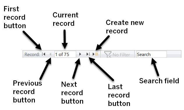 Diagram of the record navigator bar. The first button is to navigate to the first record. The second button, currently grayed out, is to navigate to the previous record. The current record shows as 1 of 75 total records. The following buttons are the next-record button, the last-record button, and a button to create a new record. The record navigator bar indicates that there are no filters currently being applied. The last area indicated is the search field.