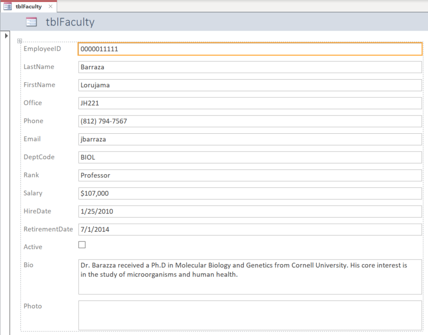 Form based on tblFaculty. The tab name and the title for the form are both labeled 'tblFaculty'.