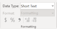 Formatting group from the Fields tab on the Ribbon. Data type is shown as Short Text. There are additional fields for formatting, but they are grayed out.