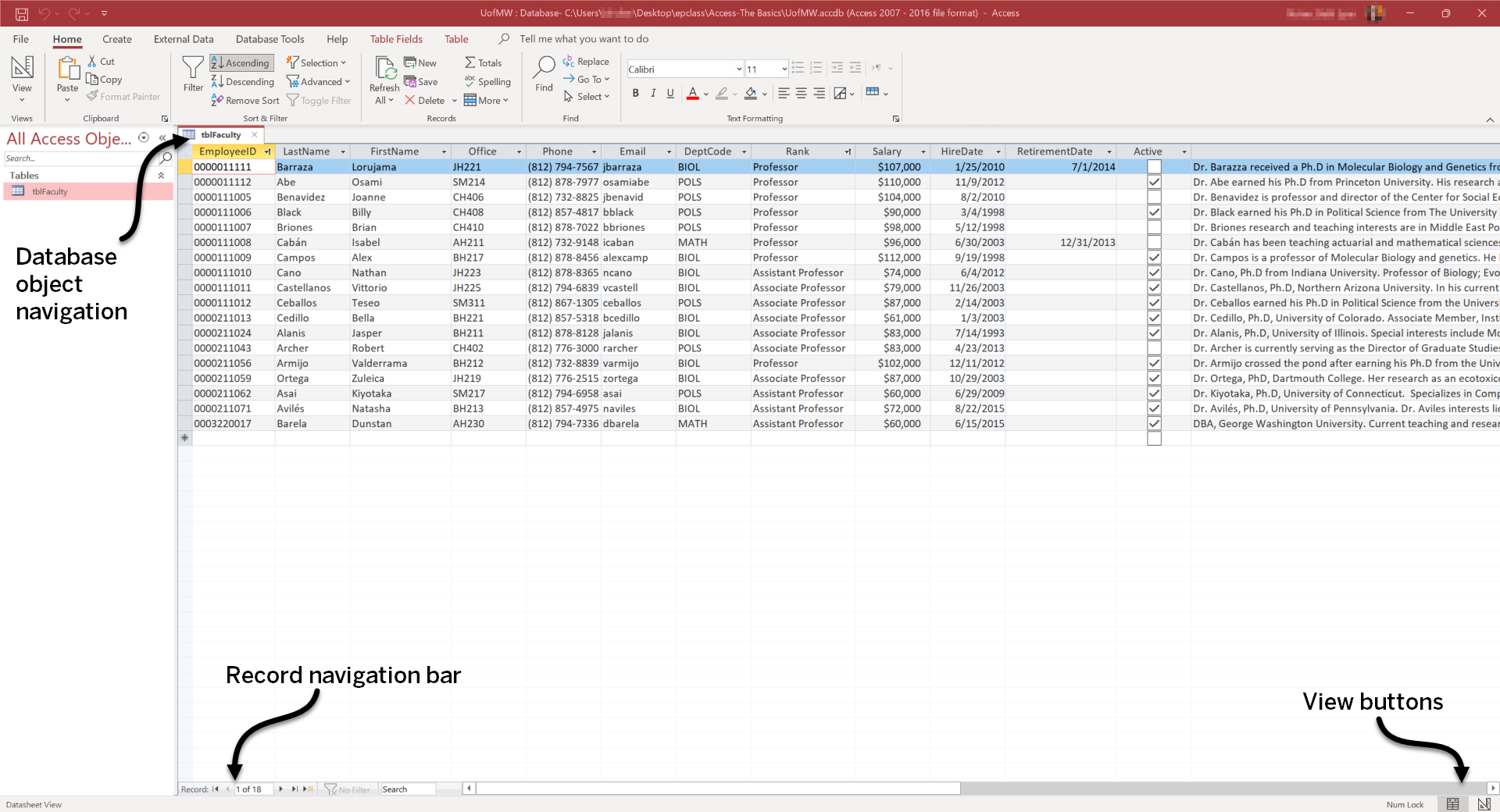 Table Faculty open in the Access interface; the tab for the open table is indicated with an arrow. Also indicated are the Record Navigation Bar at the bottom of the table, and the View buttons in the lower right corner of the screen.