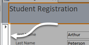 The form Student Registration with an arrow indicating the left edge of the form.