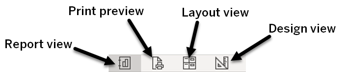 Close-up of the Report View, Print Preview, Layout View, and Design View icons from the status bar at the bottom of the Access window.