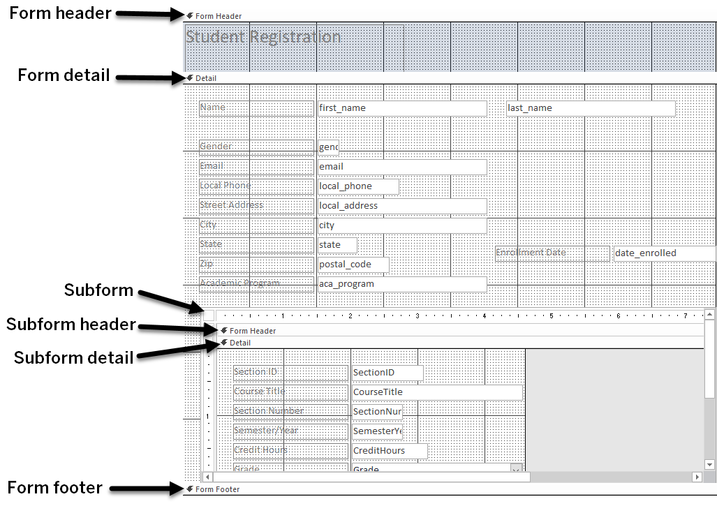 Student Transcript form in Design view. The form has a Form header and Detail section. Below the main form is the Subform which has it's own Header and Detail section. At the bottom is the Form footer.