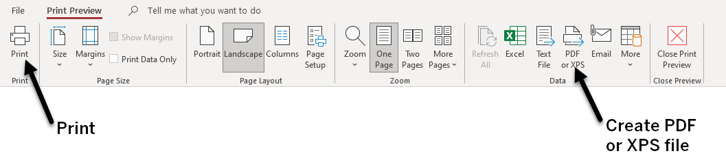The Ribbon with arrows pointing to the Print button and the PDF or XPS button.