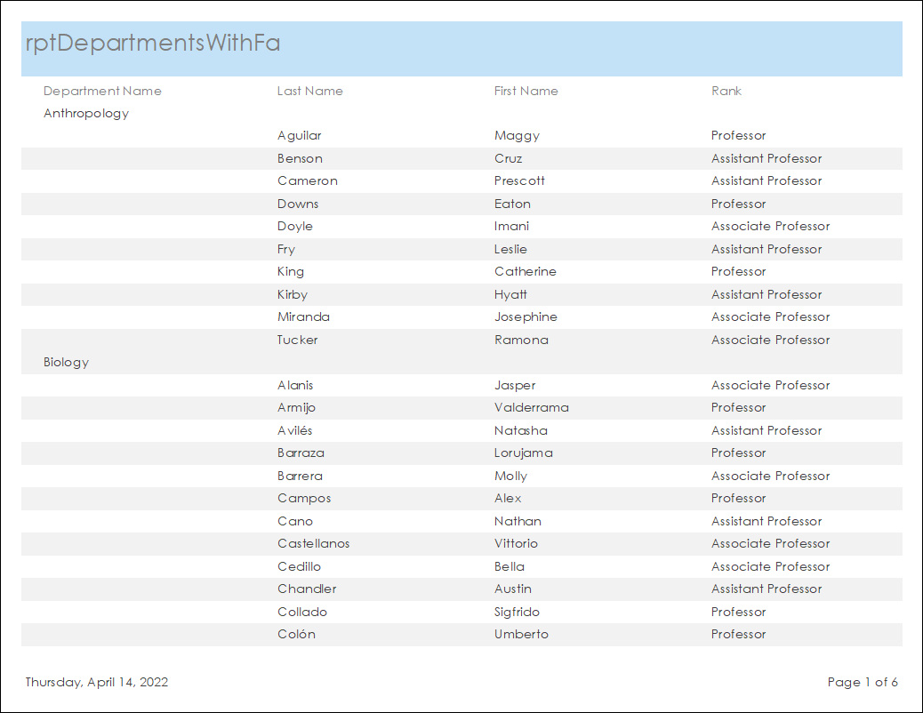 The heading for the report is rptDepartmentsWithFa. Below that are heading for the Department Name, Last Name, First Name, and Rank. Then there is a heading for the Anthropology department. Below the heading is a list of the faculty in that department. Then there is a head for Biology and a list of the faculty in that department.