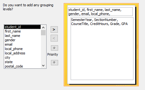 Image of Report Wizard dialog box with grouping options