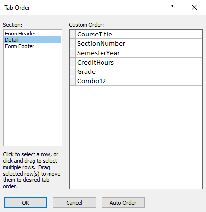 Tab order dialog box