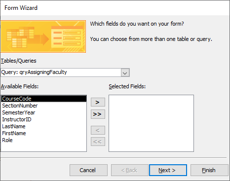 Form Wizard dialog box with CourseCode selected in the Available Fields column