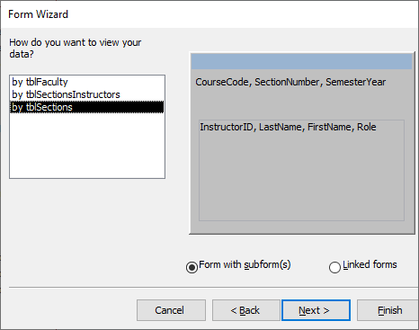 Form Wizard dialog box with options for how to display the tables