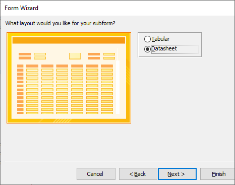 Form Wizard dialog box with options to display the subform in a tabular or Datasheet layout