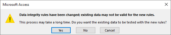 Dialog box warning that existing data may not be valid for the new integrity rules