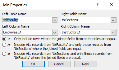 Join Properties dialog box for the relationship between tblFaculty and tblSections.