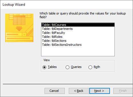 LookUp Wizard dialog box with options for which table to select