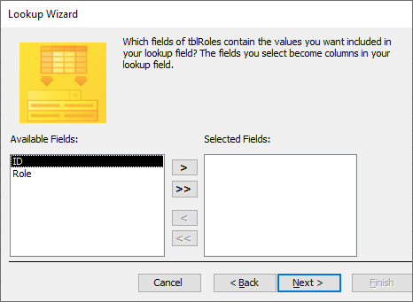 LookUp Wizard dialog box with windows for Available Fields and Selected Fields
