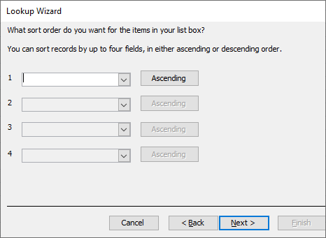 LookUp Wizard dialog box with controls for how the tables will be sorted for up to four fields