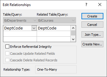 Edit Relationships dialog box with Table/Query column and Related Table/Query column. Both columns show DeptCode. There is an unchecked box for Enfore Referential Integrity