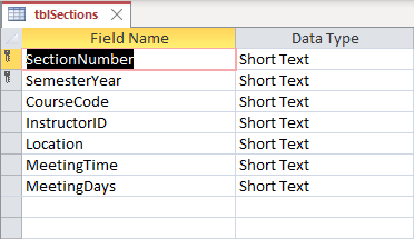 tblSections in Design view. The top row is highlighted