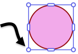 Circle selected and displaying bounding box surrounding it, with an arrow pointing to one of the round handles at the lower left corner of the bounding box.