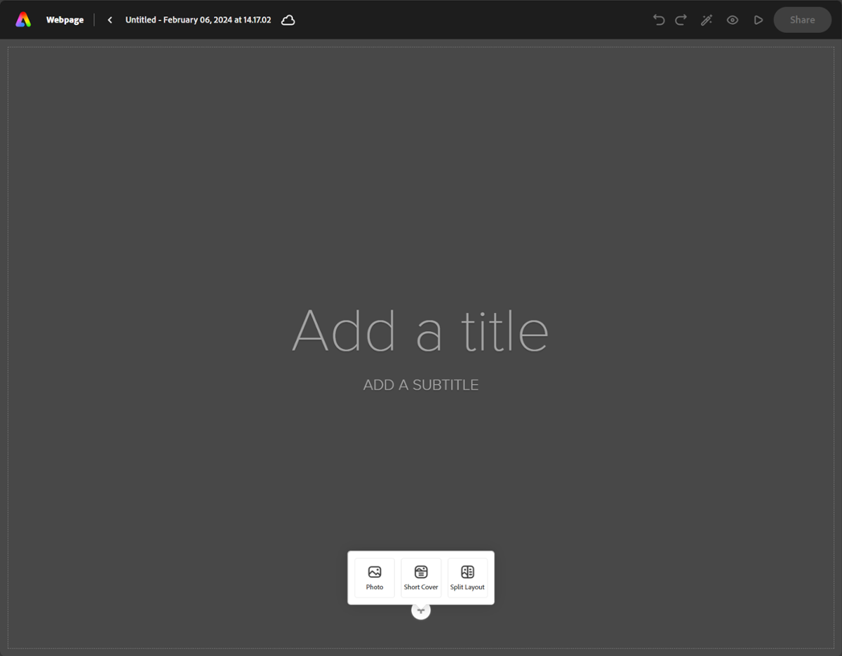 New page displayed in the Adobe Express Web Page editor.