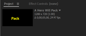 Asset information displayed at the top of the Project panel for the composition titled A Hero Will Pack. Details included in the following paragraph.