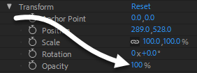 Transform layer properties, with arrow pointing to the value for Opacity