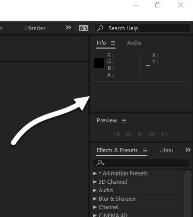 Parts of two panels in After Effects, one on the left and one on the right, with an arrow pointing at the divider between the panels