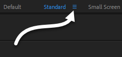 Standard workspace listing in the Workspace switcher, with an arrow pointing to the menu button next to the word Standard