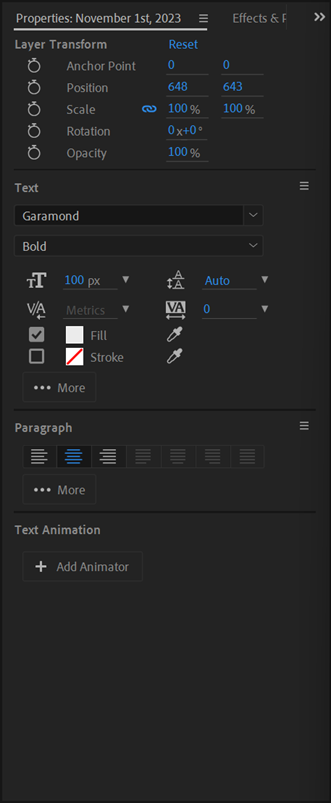 Properties panel, displaying options for editing text.