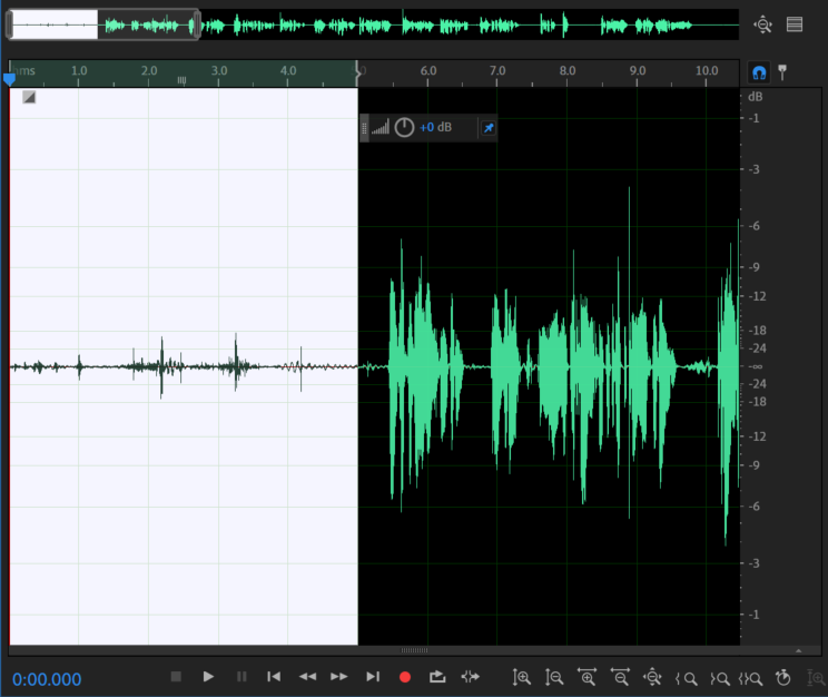 Screenshot of audio waveform on the timeline, with the first five seconds of the file selected.