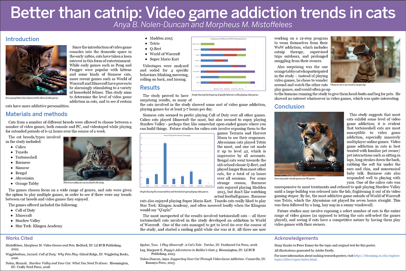 An example of a research poster, this one focusing on video games and cats.  The poster contains images, data graphs, and text.