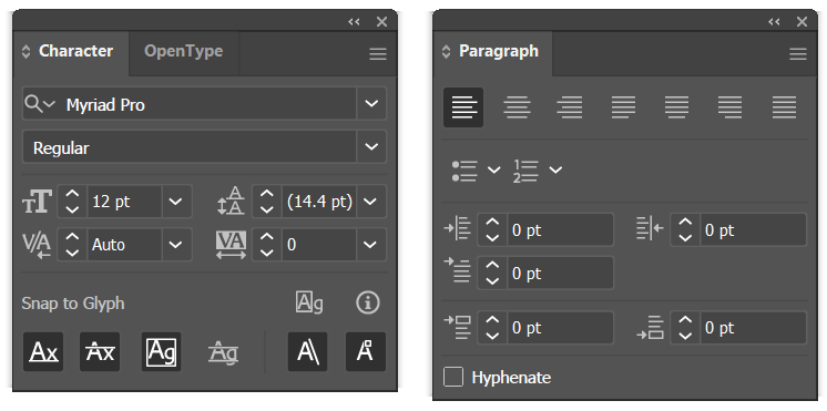 Character and Paragraph panels in Illustrator. Panels described in following paragraph.